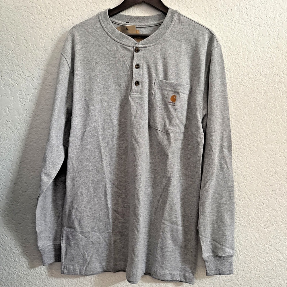 Carhartt Henley Shirt Gray K128 HGY Long Sleeve Pocket Tee Men's Size M